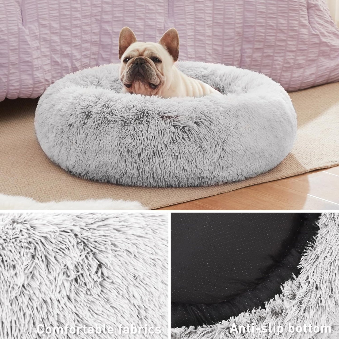 24In Cat Beds for Indoor Cats - Cat Bed with Machine Washable, Waterproof Bottom - Grey Fluffy Dog and Pet Calming Cushion Bed for Joint-Relief and Sleep Improvement