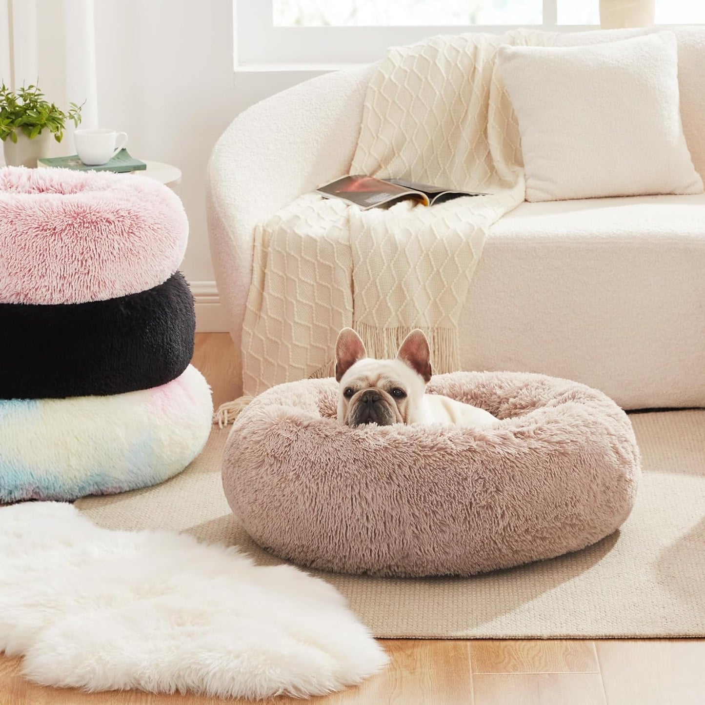 24In Cat Beds for Indoor Cats - Cat Bed with Machine Washable, Waterproof Bottom - Grey Fluffy Dog and Pet Calming Cushion Bed for Joint-Relief and Sleep Improvement