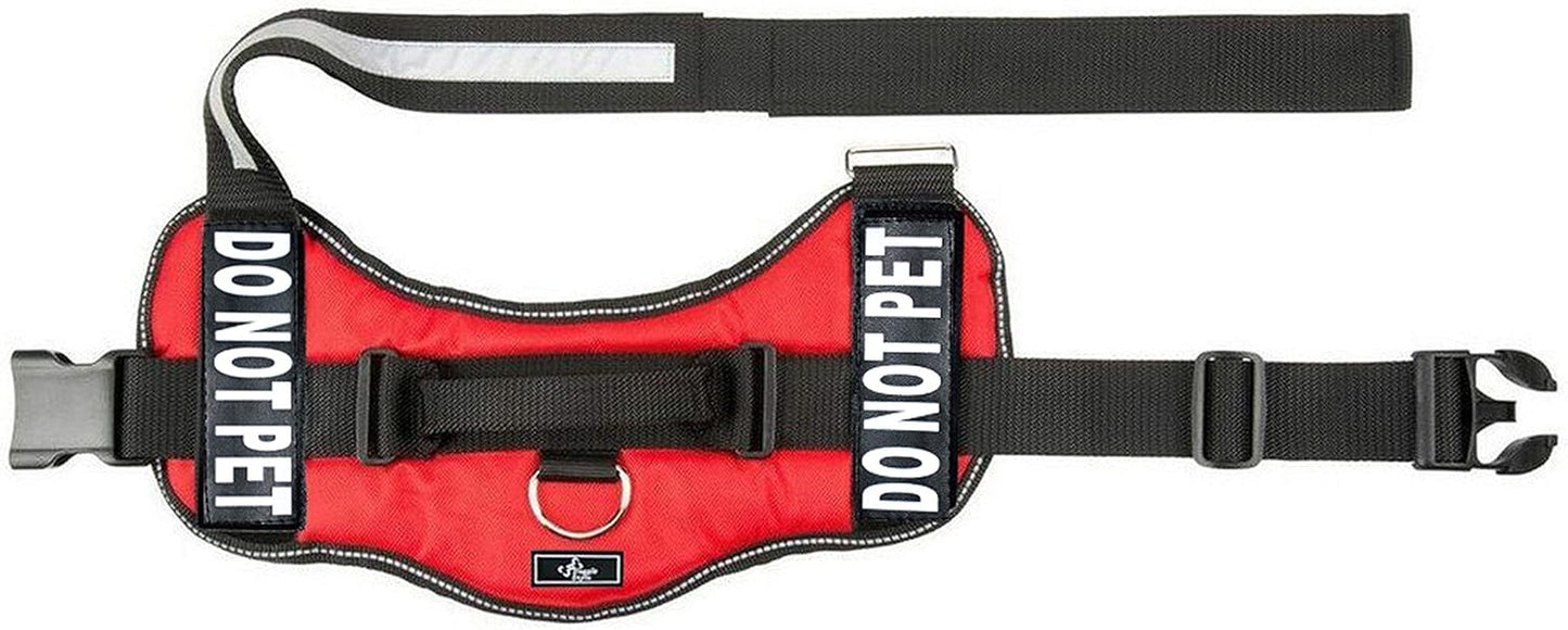 DO NOT PET Dog Vest Harness with Removable Patches and Reflective Trim. Comes with 2 DO NOT PET Reflective Removable Patches. Please Measure Dogs Girth before Purchase