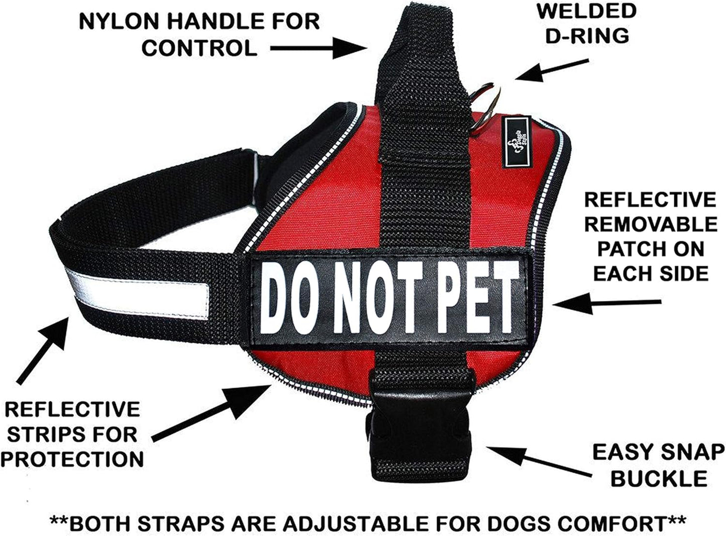 DO NOT PET Dog Vest Harness with Removable Patches and Reflective Trim. Comes with 2 DO NOT PET Reflective Removable Patches. Please Measure Dogs Girth before Purchase