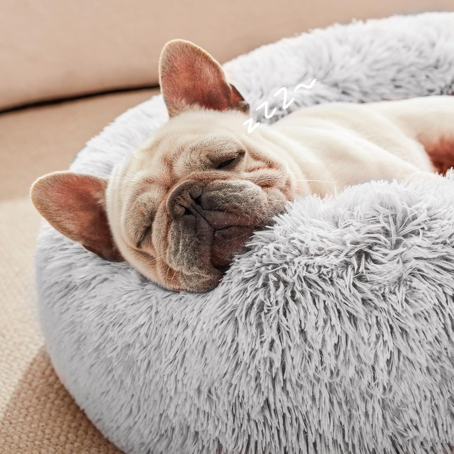 24In Cat Beds for Indoor Cats - Cat Bed with Machine Washable, Waterproof Bottom - Grey Fluffy Dog and Pet Calming Cushion Bed for Joint-Relief and Sleep Improvement
