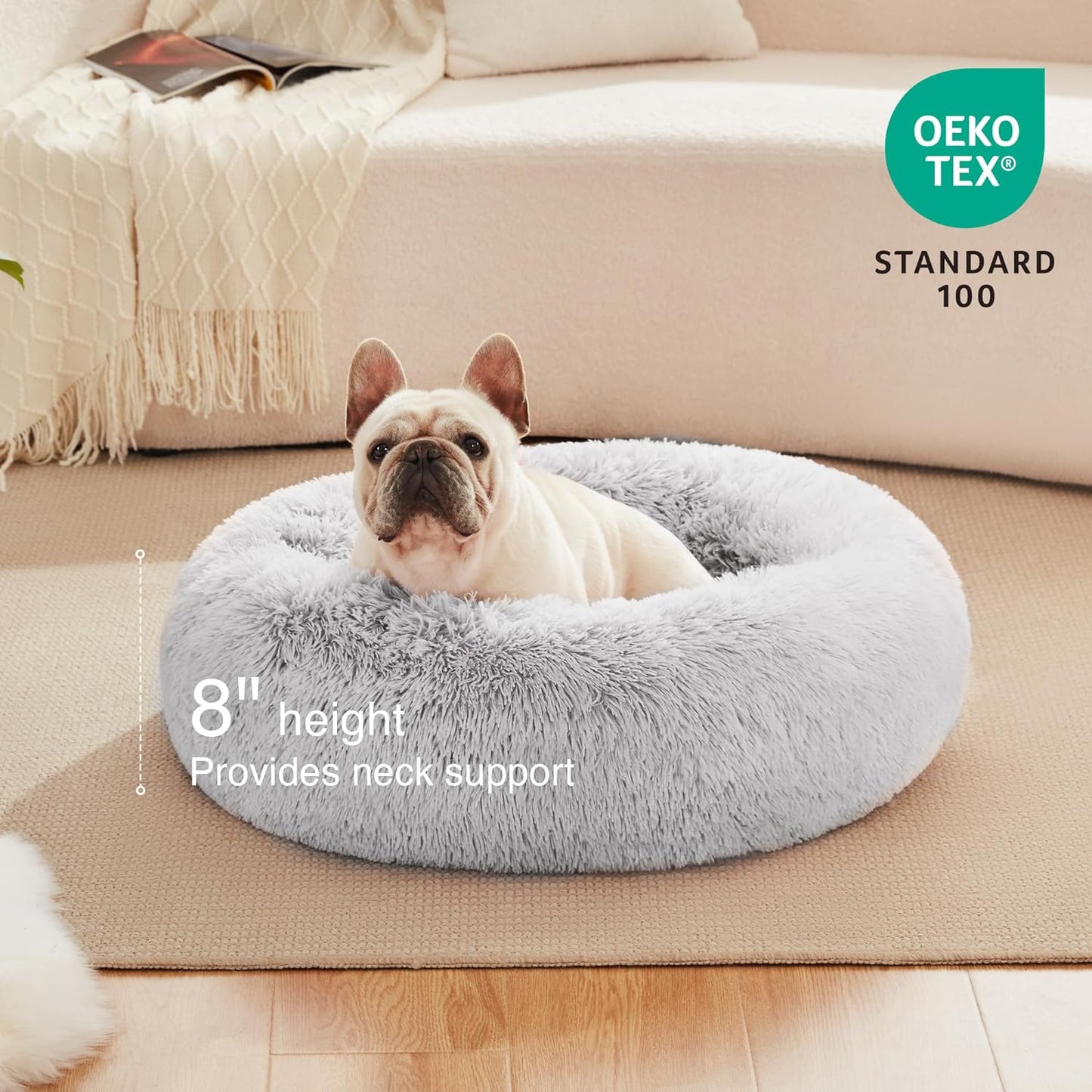 24In Cat Beds for Indoor Cats - Cat Bed with Machine Washable, Waterproof Bottom - Grey Fluffy Dog and Pet Calming Cushion Bed for Joint-Relief and Sleep Improvement