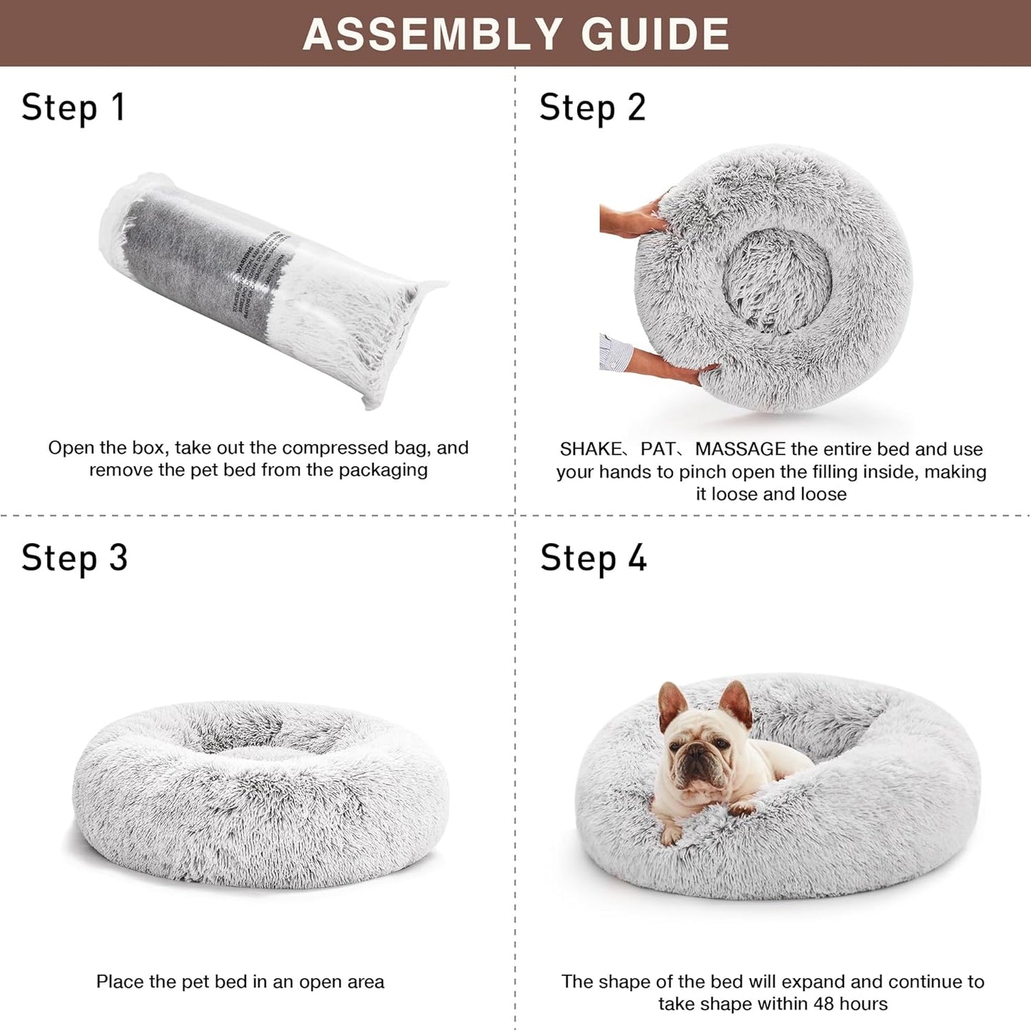 24In Cat Beds for Indoor Cats - Cat Bed with Machine Washable, Waterproof Bottom - Grey Fluffy Dog and Pet Calming Cushion Bed for Joint-Relief and Sleep Improvement