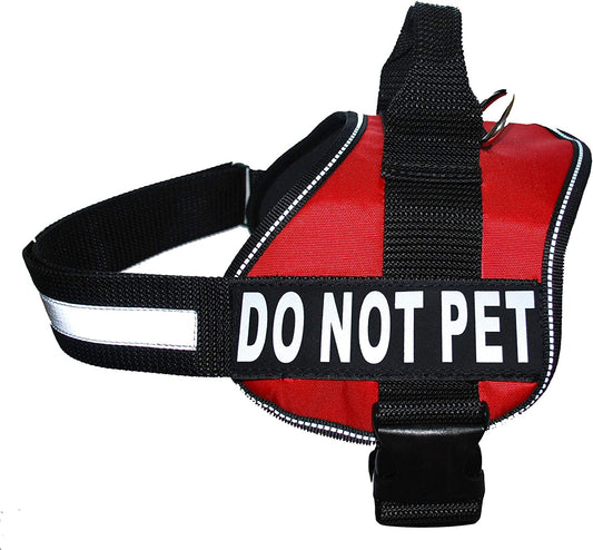 DO NOT PET Dog Vest Harness with Removable Patches and Reflective Trim. Comes with 2 DO NOT PET Reflective Removable Patches. Please Measure Dogs Girth before Purchase