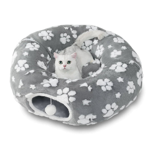 Yaning Cat Tunnel for Indoor Cats Cute Peekaboo Cat Cave Play Tunnel with Dangling Balls Pet Donut Tunnel Bed with Circle Mat for Cat Puppy Kitten Rabbit Grey