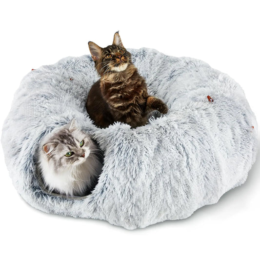 Bininl Cat Tunnel Bed for Indoor Cats Peekaboo Cat Cave Donut Tunnel for Cat with Washable Circle Cushion Interior Cat Play Tunnel (34 Inch Grey)